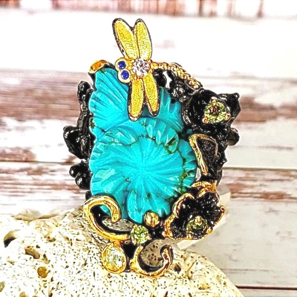 The Girl with Kaleidoscope Eyes Jewelry - Strerling & 14 kt Dragonfly Turquoise Ring